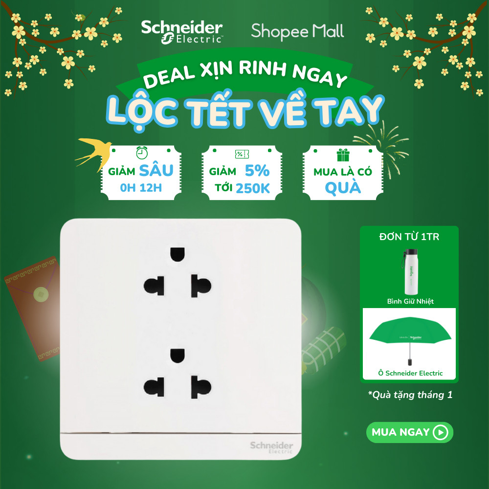 Bộ ổ cắm đôi 3 chấu 16A màu trắng dòng AvatarON - Schneider Electric - E83426UES2_WE_G19 E83426UES2_