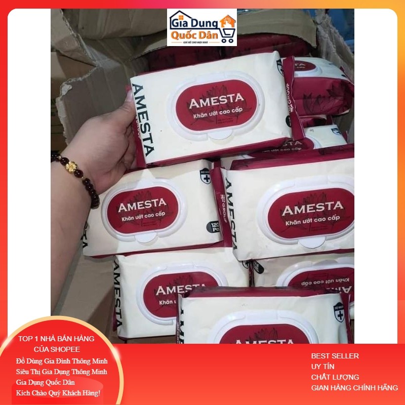 Gói 120 tờ khăn giấy ướt Amesta 3 lớp không cồn an toàn cho da không chưa cồn