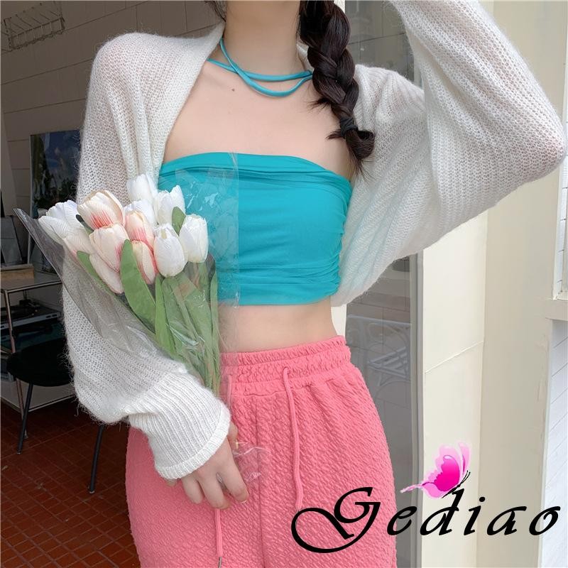 Youth-nữ Mở Mặt Trước Bolero Shrug Dài Tay Màu Trơn Chống Nắng Dệt Kim Crop Cardigan