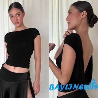Bay-nữ Mùa Hè Đen Slim Fit Áo Đen Tay Ngắn Cổ Tròn Mở Lưng Áo Thun Ngắn