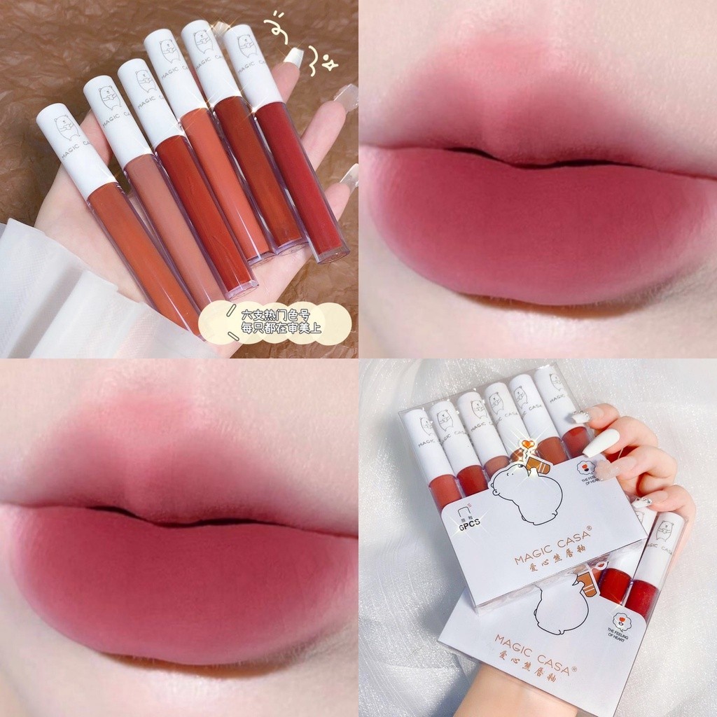 6 Cái / bộ love bear lip Men Nhung Son Bóng Lâu Dài Chống Thấm Nước Mờ Không Khô Son Bóng Mỹ Phẩm