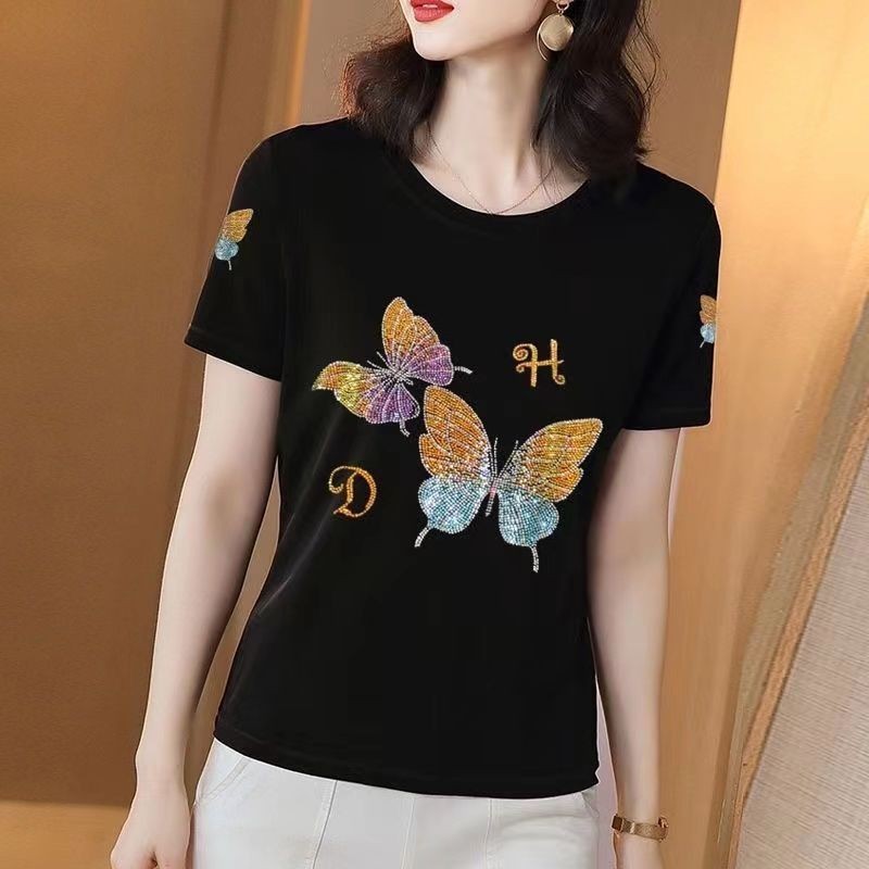 Áo thun ngắn tay in hình Loose Ice Silk Thread Cổ tròn cho áo sơ mi nữ