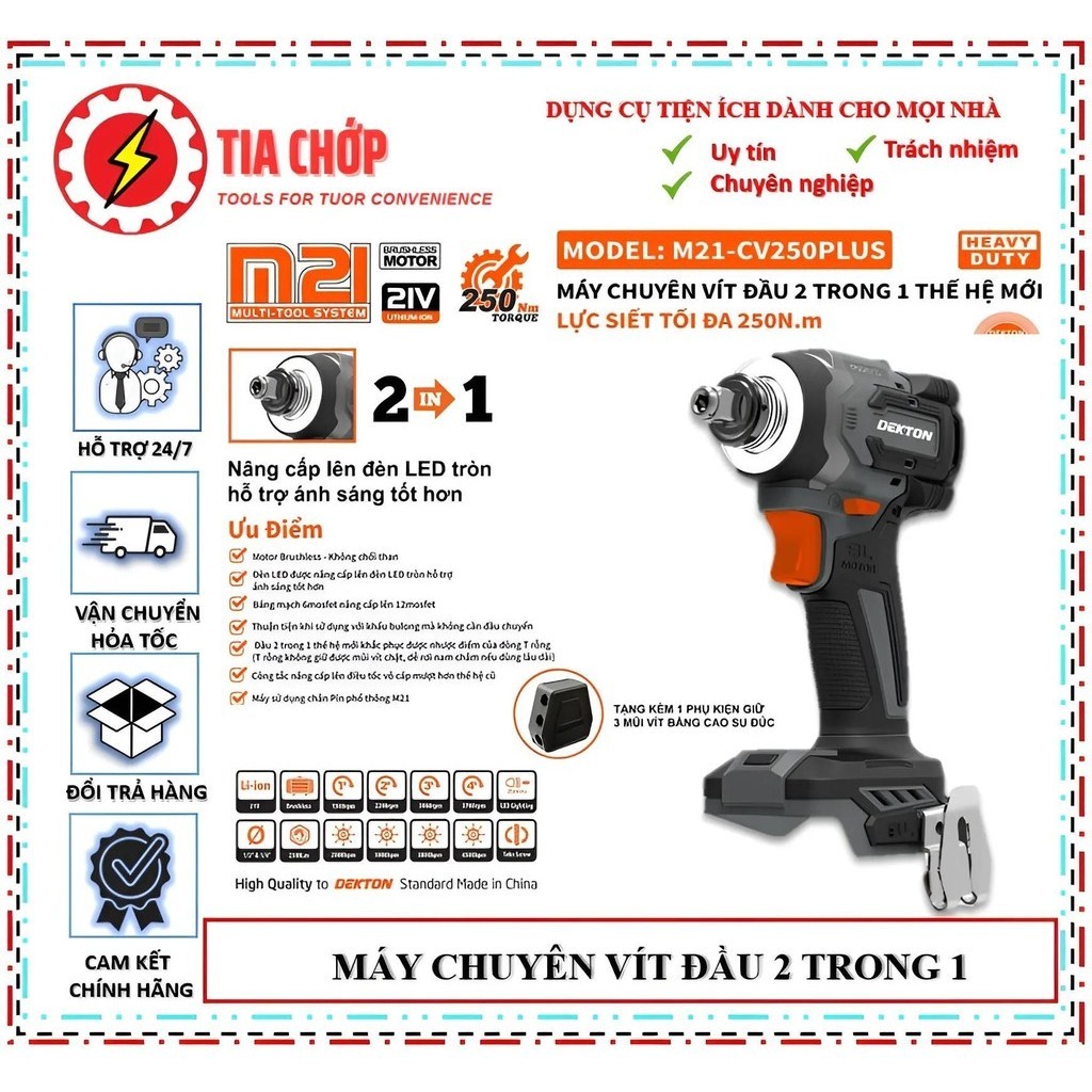 máy chuyên vít đầu 2 trong 1 thế hệ mới lực siết tối đa 250Nm, hỗ trợ đèn led M21-CV250PLUS
