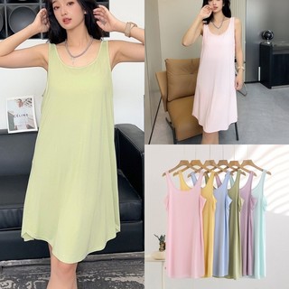 Váy mô hình nữ không tay thoải mái mùa hè đồng bằng đồ ngủ mỏng bé gái dài váy midi thông thường