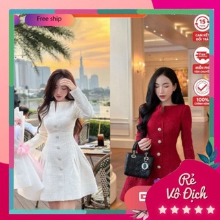 đầm dạ tweed tay dài | đầm dạ cao cấp ly eo khuy đá cao cấp ANH FASHION