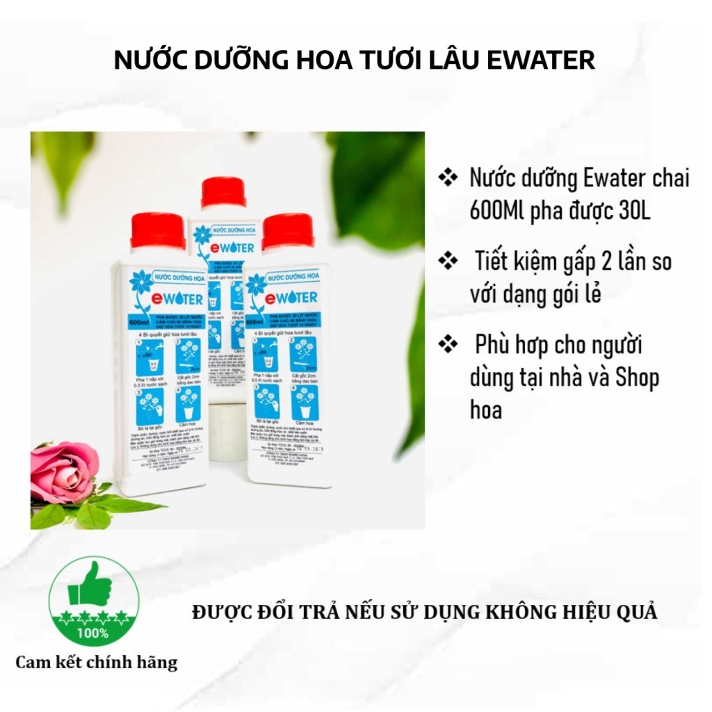 Nước dưỡng hoa Ewater giúp hoa tươi lâu chai 600 ml pha với 30 lít nước