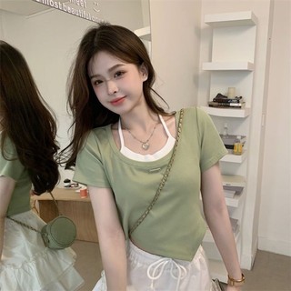 Nữ Mùa Hè Hàn Quốc Thường Ngày Tối Giản Màu Trơn Treo Cổ Không Đều Slim Fit Dew Eo Top