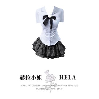 Phụ Nữ Plus Kích Thước Bánh Váy Áo Sơ Mi Desire Mùa Hè Preppy Phong Cách HELA Nguyên Chất 2023 Phong Cách Hoa Văn Phù Hợp Với Tay Ngắn Béo mm Xanh RVRT