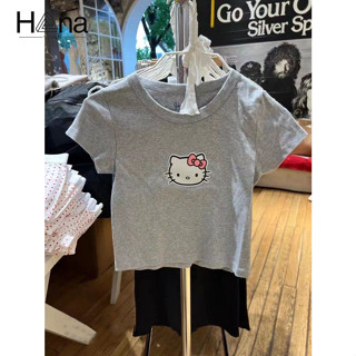 ZHECHONGcotton ngắn tay cổ tròn in họa tiết hello Kitty dành cho nữ thời trang mùa hè