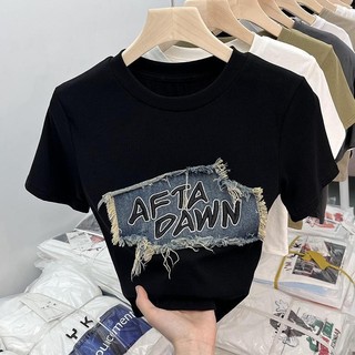 Áo thun mùa hè độc đáo Chic Top Women Patch Denim Slim tay ngắn phong cách ngắn