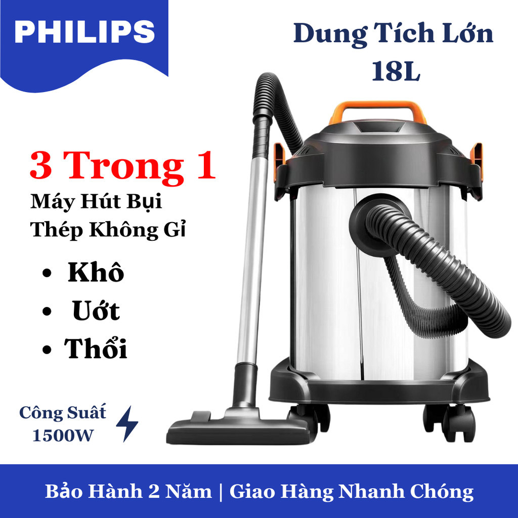 Máy hút bụi 3 trong 1bằng thép không gỉ, khô, ướt và thổi đa dụng, loại nặng, dung tích 18/15 lít, công suất 1500W/1200W