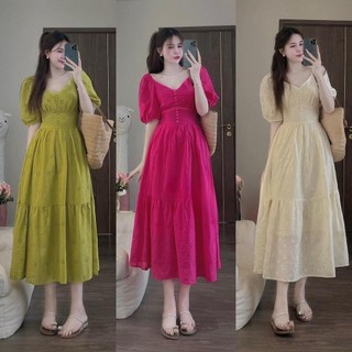 Váy thô boi cổ v dáng xoè chất thô mềm mát