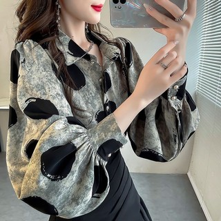 Áo sơ mi tay đèn lồng dáng rộng thời trang chấm bi in áo sơ mi voan