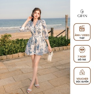  Váy xòe dáng ngắn dạng jump quần đi biển Giian thiết kế cổ V cúc bọc phối tay lỡ họa tiết hoa SL0794