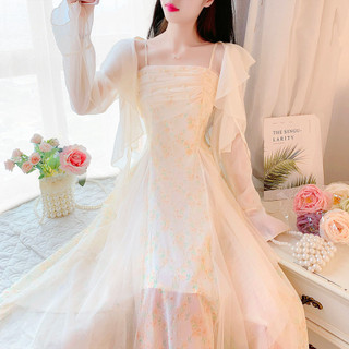 Váy Tiên Nữ Váy Liền Ren Hai Dây, Áo Cardigan Dài Tay Phong Cách Mori