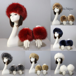 Stitchique _ 1 Bộ Găng Tay Băng Đô Nữ Màu Trơn Phù Hợp Với Lông Thú Giả Lông Rỗng Mũ Cổ Tay Áo Trượt Tuyết