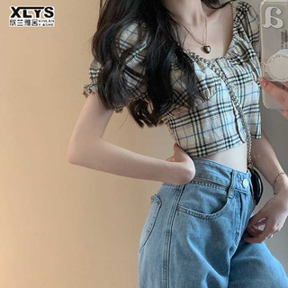 Xin LAN YA SHE Áo sơ mi nữ mới retro kẻ sọc rốn ngắn tay lệch vai áo sơ mi ngắn tay