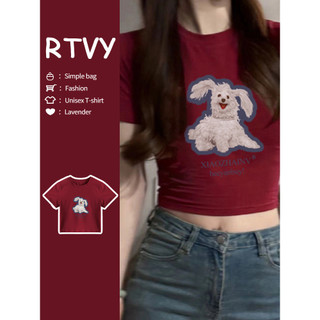 「RTVY」Retro Slim Fit Giảm Béo Áo Thun Nữ Mùa Hè In Hình Con Chó Con Nguyên Chất Cotton Top