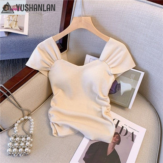 YUSHANLAN Áo thun tay ngắn Short, gấp vuông, ôm, phong cách Pháp dễ thương GM2454IJV