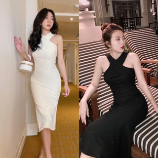 Đầm body cổ yếm thun len dệt vải siêu xịn