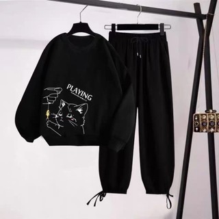 Sét Áo nỉ Mèo playing + quần Bom chun, Áo hoodie Unisex from rộng, Chất nỉ ấm mặc không xù DVGIT