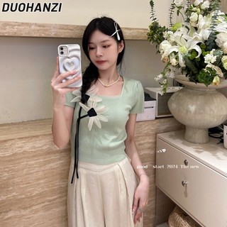 Áo thun nữ DUOHANZI phong cách Hàn Quốc đơn giản màu trơn tay ngắn không khí cảm giác mặc hoa độc đáo áo len đi lại áo len đa năng