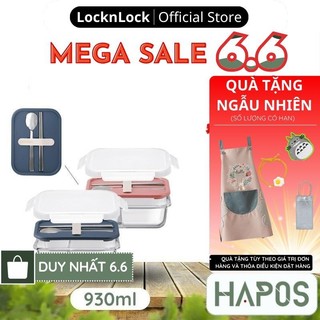 Hộp cơm 2 ngăn thủy tinh LocknLock kèm muỗng đũa 930ml Chính hãng, chống rò rỉ, dùng được lò vi sóng LLG991CL - HAPOS