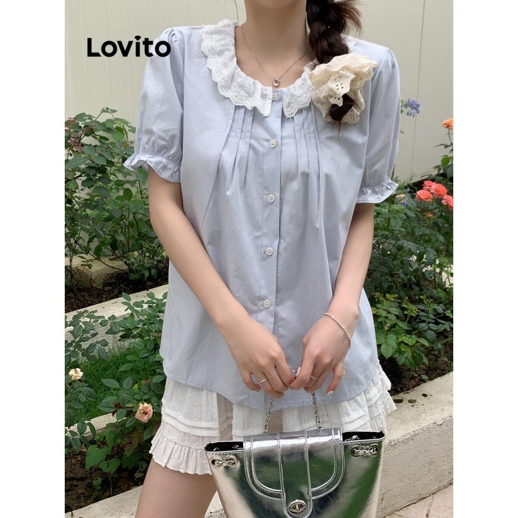 Lovito Áo cổ xếp nếp trơn đơn giản cho nữ LNA66049 | BigBuy360 - bigbuy360.vn