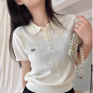 Áo coquette tay ngắn Áo phông Polo Cổ Áo Nơ Thêu Dệt Kim Áo Chui Đầu Mùa Hè All-Ma