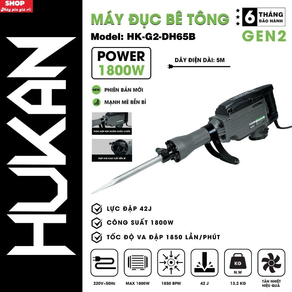 Máy đục bê tông HUKAN G2-DH65B, Lực đập 42J, Công suất 1800W, Tặng 2 mũi đục shop máy GP