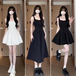 ~ Mùa Hè Một Màu Váy Yếm Phong Cách Đơn Giản Thiểu Số Váy Yếm Cổ Vuông Dáng Dài Khí Chất Mẫu Ngắn
