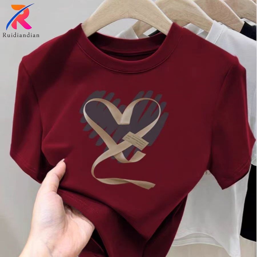 Ruidian Mùa Hè 2025 Vai Mới Thẳng Vintage Tay Ngắn Cho Nữ Chất Lượng Cao Slim Fit Áo Thun Top