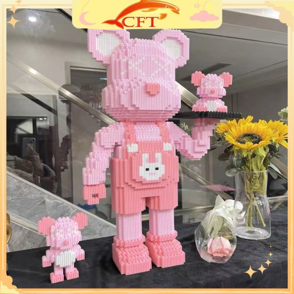 Mô hình lắp ráp gấu bearbrick bê khay 50cm kèm 2 mô hình mini gấu - Mô hình gấu breabrick size đại