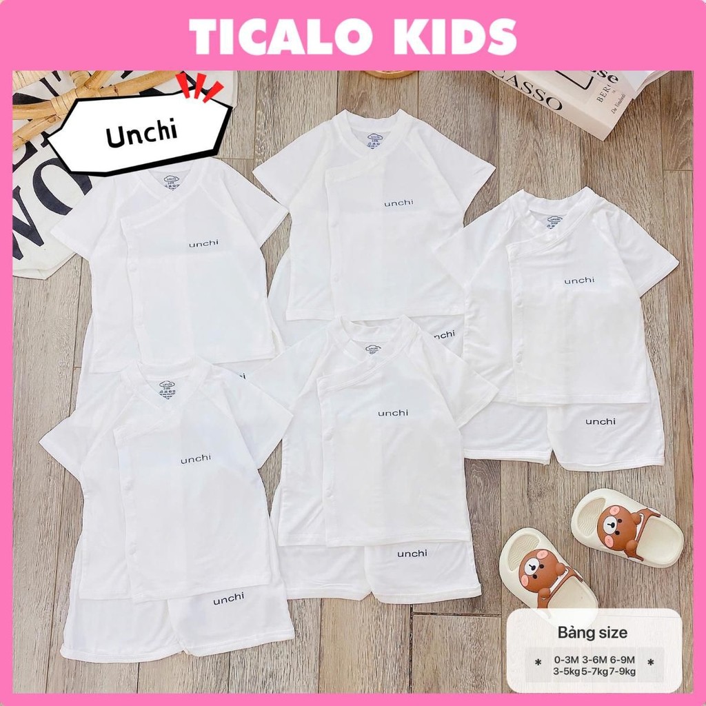 [UNCHI] Bộ Quần Áo Sơ Sinh Cộc Tay - Màu Trắng - Chất Petit Mềm Mịn, Co Giãn 4 Chiều
