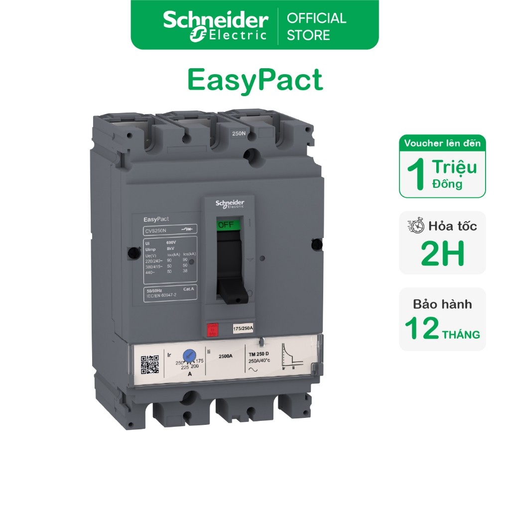 Cầu dao chỉnh dòng MCCB 3P 250A 50kA ở 415VAC bộ ngắt nhiệt từ TM-D dòng EasyPact CVS250N Schneider 