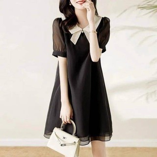 Phong Cách Mùa Hè Ngọt Ngào Giảm Tuổi Cổ Búp Bê Váy Chữ A Tính Khí Tương Phản Màu Nơ Đầm Nữ Màu Be Đen Đầm Với Kích Thước Lớn 40KG-80KG