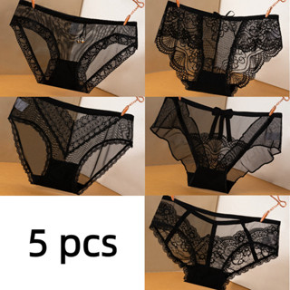 Bộ 5 Bộ Màu Đen Gợi Cảm Ren Nữ Quần Lót Thấp Eo Lưới Nhẹ Liền Mạch Quần Đùi Cotton Nguyên Chất Đáy Plus Kích Thước