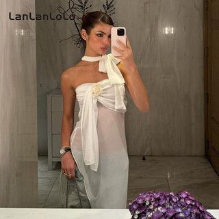 LanLanLo Nữ Màu Trơn Thời Trang Gợi Cảm Tắt Vai Lưới Nhìn Xuyên Qua Nơ Lưng Ôm Thường Ngày