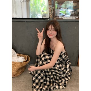 Liasynn (Đàn hồi lưng) Tối giản Mặc ống cao cấp Top dài vừa phải được kiểm tra rộng rãi Váy cổ hàng có chiều rộng hẹp Váy ca rô