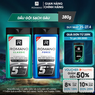 Dầu gội sạch gàu Romano hương nước hoa Classic/Force 380g/chai - 2 mùi hương có sẵn