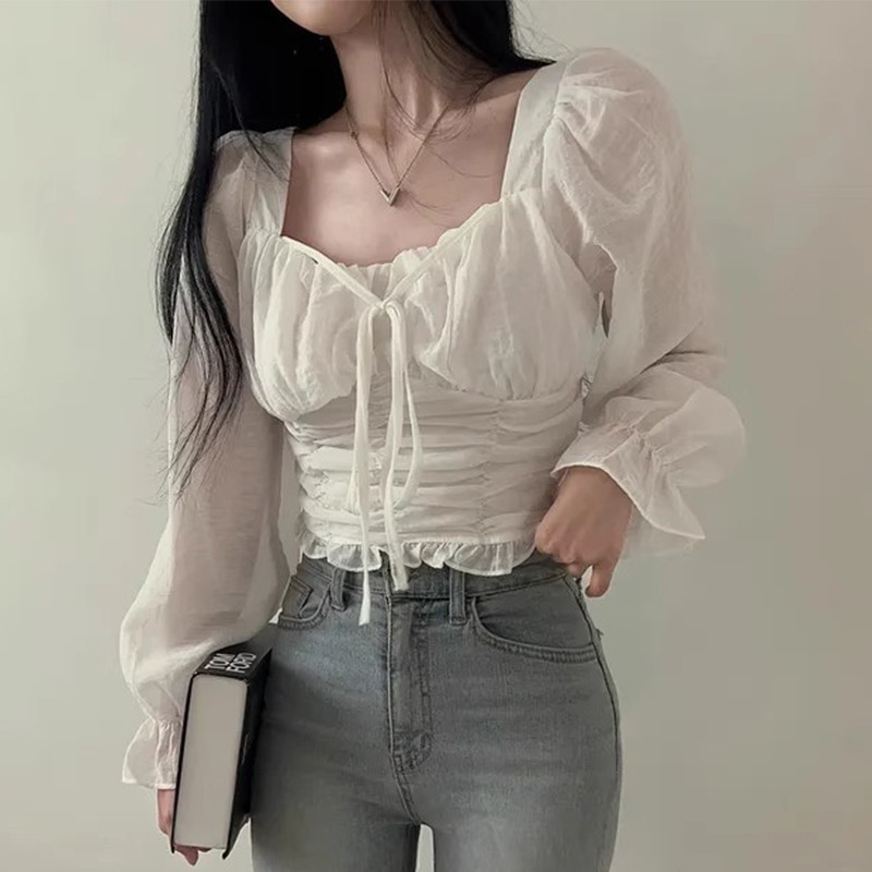 Bh Áo crop top voan nữ phong cách Hàn Quốc cổ vuông buộc áo dài tay xếp ly