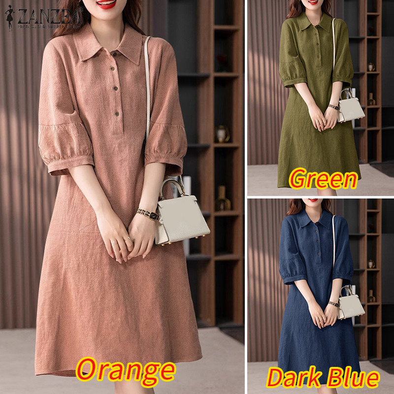 Zanzea Nữ Áo Sơ Mi Hàn Quốc Cổ Ba Phần Tư Tay Nút Váy Rời | BigBuy360 - bigbuy360.vn