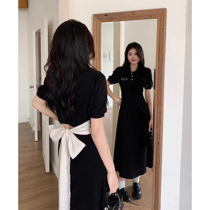 【Bess's house】váy bigsize nữ, chân váy dài 2 dây, cổ polo ngắn tay hở lưng 2024, đen nhỏ ôm eo mùa hè, tiểu thư sang chảnh, Liền