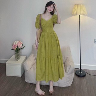 Váy thô boi cổ v dáng xoè chất thô mềm mát