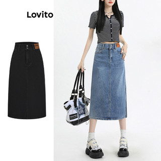Chân váy denim Lovito xẻ tà trước có túi màu trơn thường ngày cho nữ chân váy jean dài chân váy bò LNA17135 (màu xanh dương)
