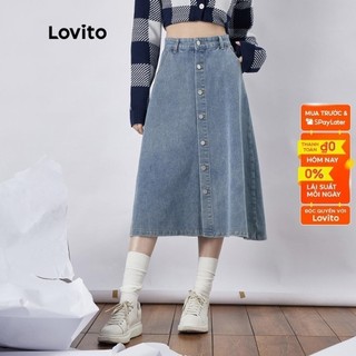 Chân váy dài jean midi Lovito vải denim màu trơn phối nút phía trước kết cấu tốt mặc thường ngày cho nữ L39AD078 (xanh nhạt)