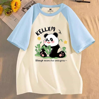 [Polyester] Áo thun ngắn tay in hình gấu trúc dễ thương dành cho sinh viên mùa hè Áo thun nữ cổ tròn dáng rộng đa năng