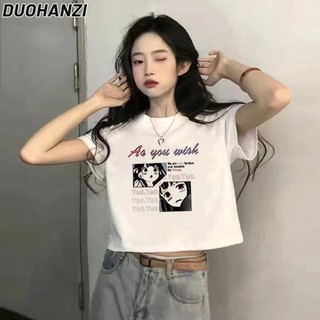 Áo thun ngắn tay lưng cao DUOHANZI dành cho nữ mùa hè 2024 cổ điển in chữ ngắn màu trắng cho nữ