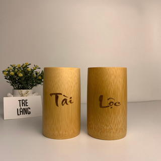 Cốc tre làm quà tặng khắc chữ thư pháp và hình đáng yêu Cao 12cm - Bếp Việt