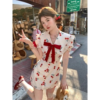 Phong Cách Ngọt Ngào Nữ Mùa Hè Tay Ngắn Họa Tiết Anh Đào Đầm Mini